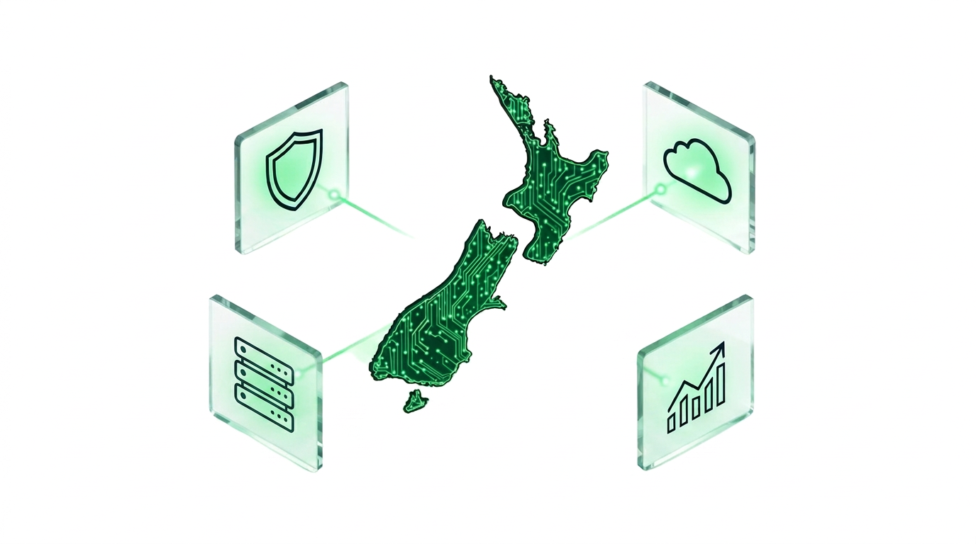 OneNet, circuit-traced map of New Zealand surrounded by glass tiles representing security, cloud, support and scale